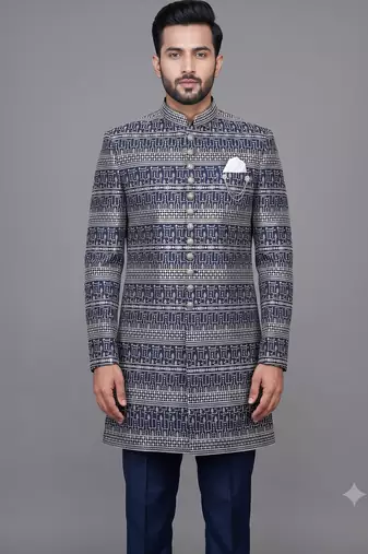 Navy blue jacquard nawabi suit for men
