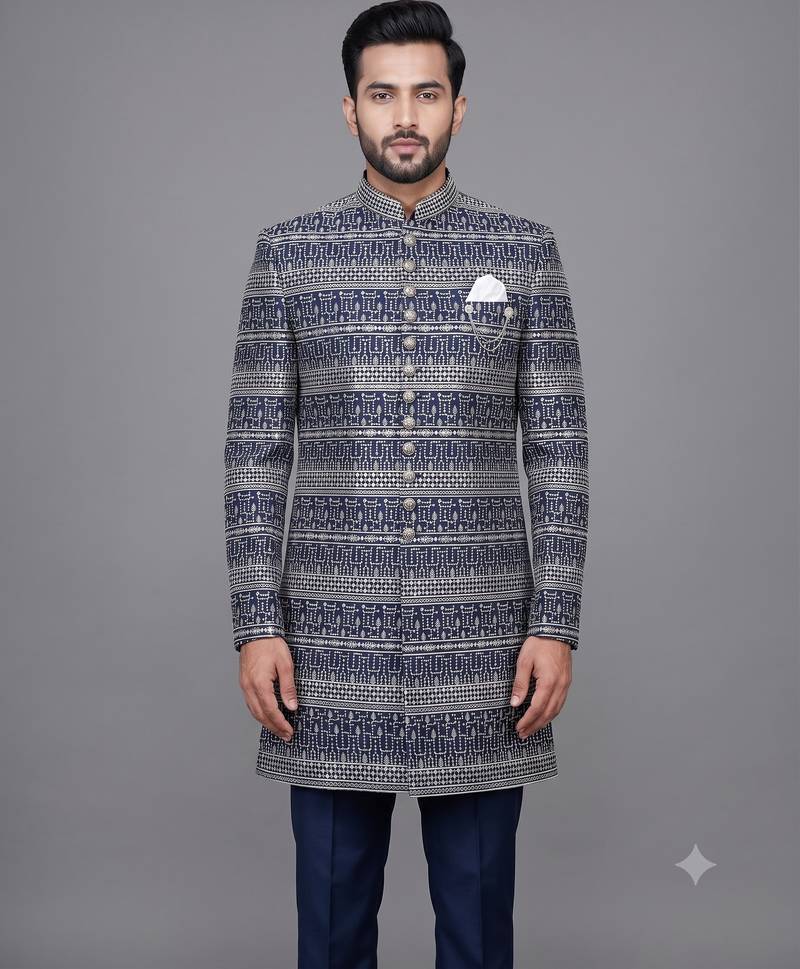 Navy blue jacquard nawabi suit for men