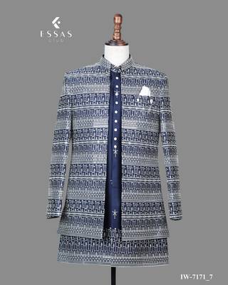 Navy blue jacquard nawabi suit for men 3