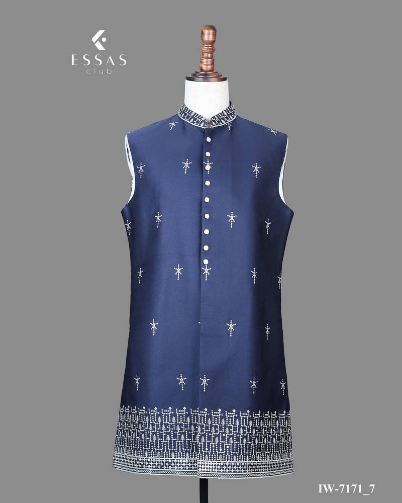 Navy blue jacquard nawabi suit for men