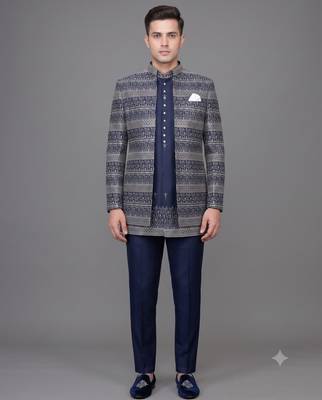 Navy blue jacquard open jodhpuri suit for men 1