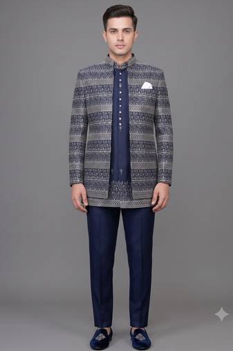 Navy blue jacquard open jodhpuri suit for men