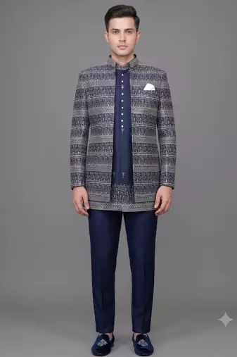 Navy blue jacquard open jodhpuri suit for men