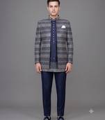 Navy blue jacquard open jodhpuri suit for men