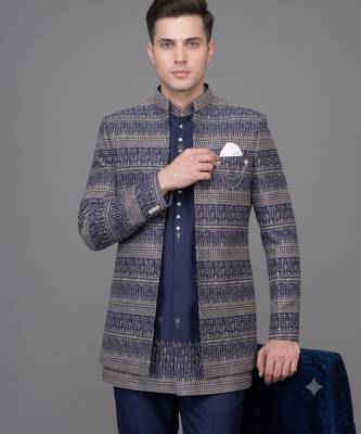 Navy blue jacquard open jodhpuri suit for men 2