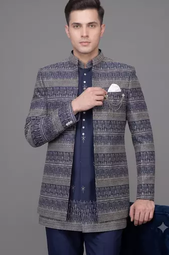 Navy blue jacquard open jodhpuri suit for men