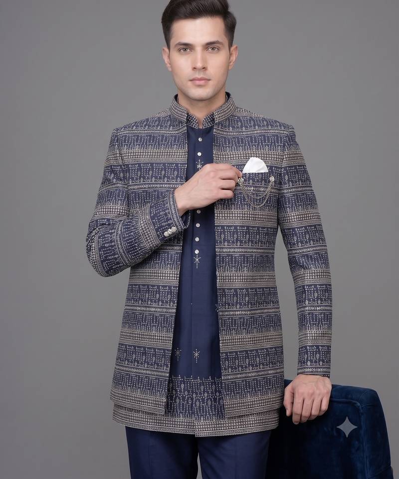 Navy blue jacquard open jodhpuri suit for men