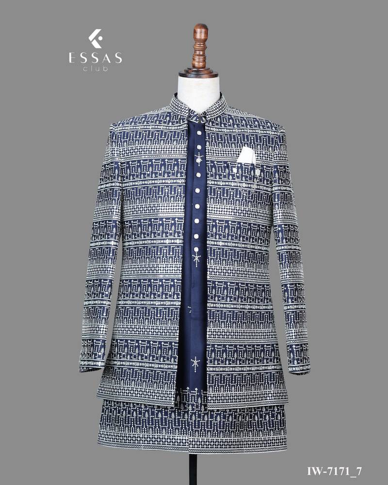 Navy blue jacquard open jodhpuri suit for men