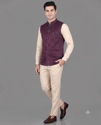 Burgundy jacquard nehru jacket for men 1