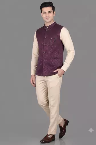 Burgundy jacquard nehru jacket for men
