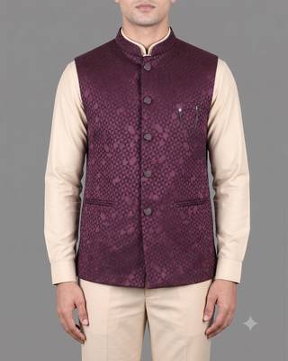 Burgundy jacquard nehru jacket for men 2