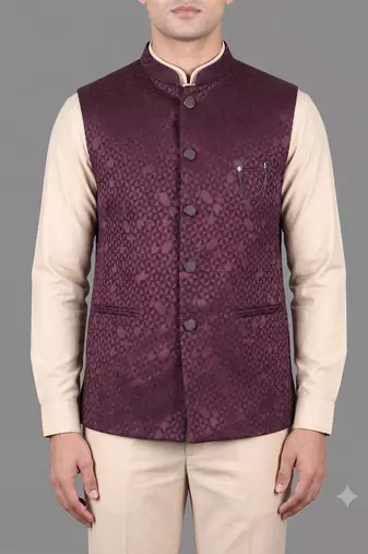 Burgundy jacquard nehru jacket for men
