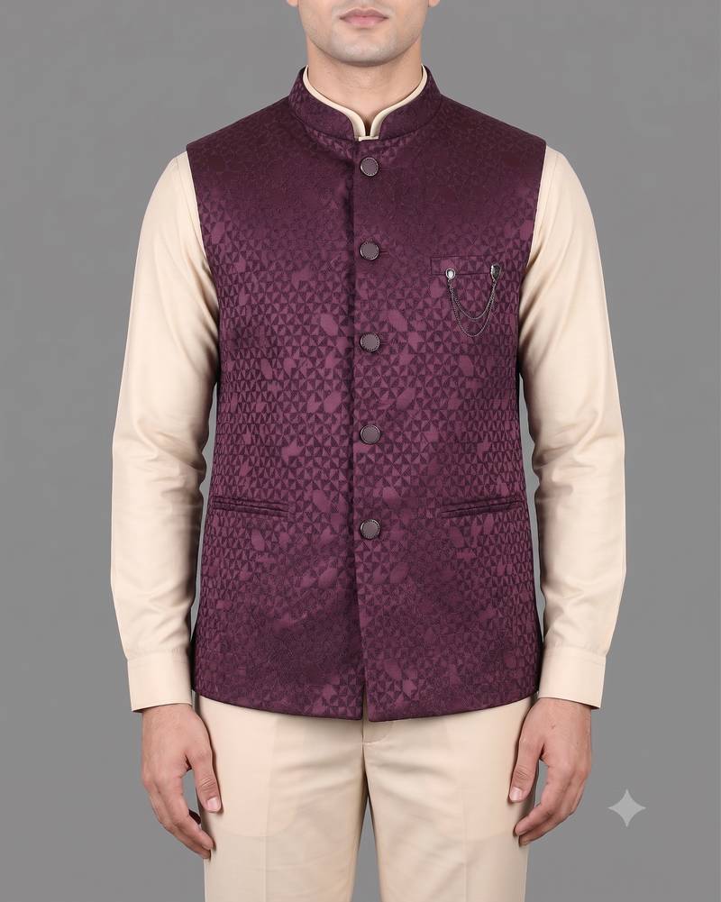 Burgundy jacquard nehru jacket for men
