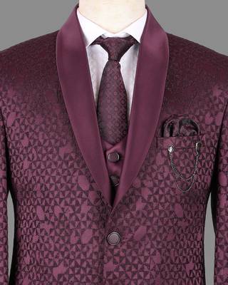Burgundy jacquard nehru jacket for men 4