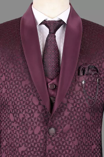 Burgundy jacquard nehru jacket for men
