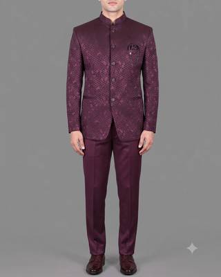 Burgundy jacquard bandhgala suit for men 1