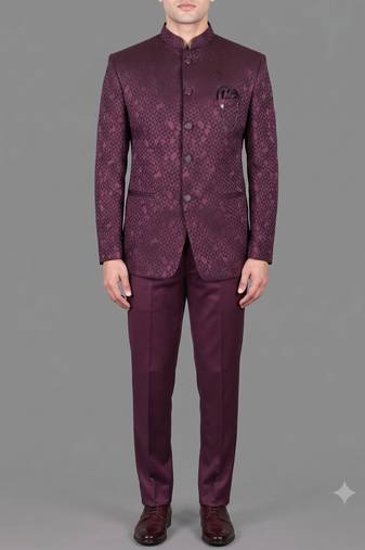 Burgundy jacquard bandhgala suit for men