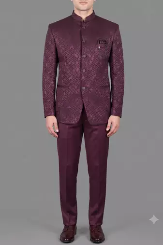 Burgundy jacquard bandhgala suit for men
