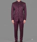 Burgundy jacquard bandhgala suit for men