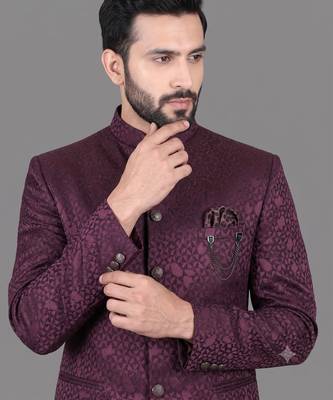 Burgundy jacquard bandhgala suit for men 2