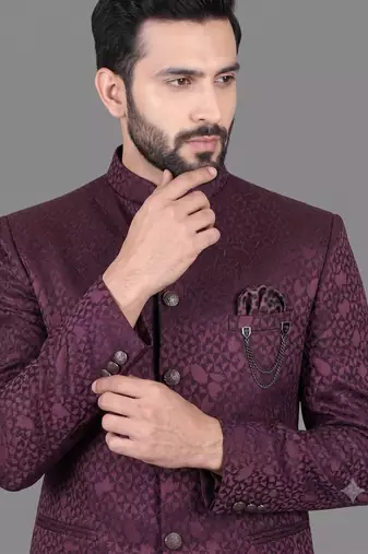 Burgundy jacquard bandhgala suit for men
