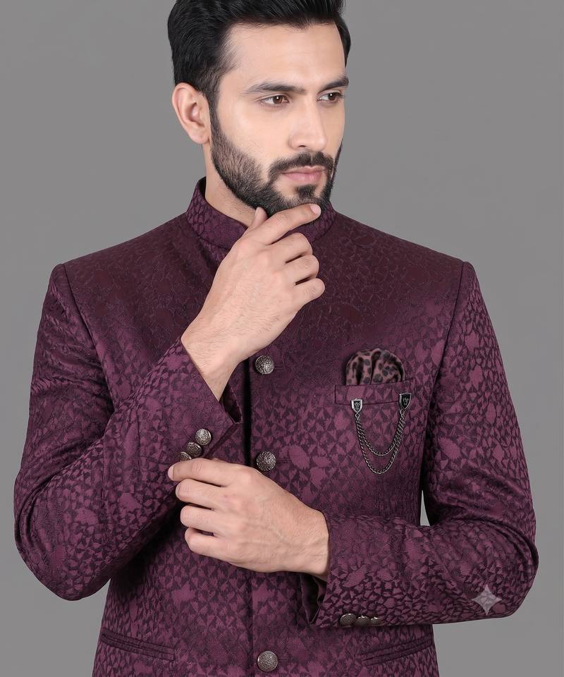 Burgundy jacquard bandhgala suit for men