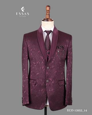 Burgundy jacquard bandhgala suit for men 3