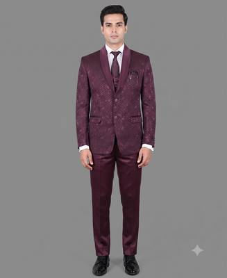 Burgundy jacquard designer tuxedo for men 1