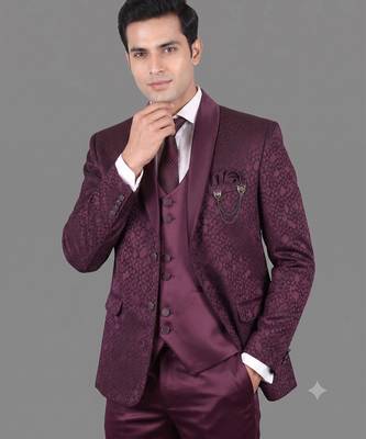 Burgundy jacquard designer tuxedo for men 2