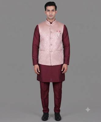 Blush pink jacquard nehru jacket for men 1