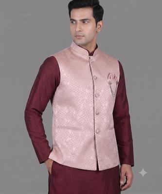 Blush pink jacquard nehru jacket for men 2