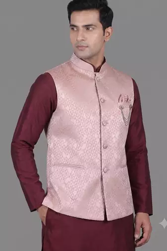 Blush pink jacquard nehru jacket for men