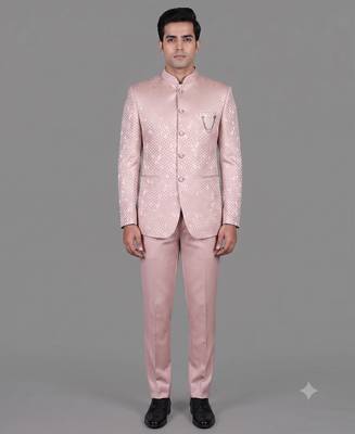 Blush pink jacquard bandhgala suit for men 1