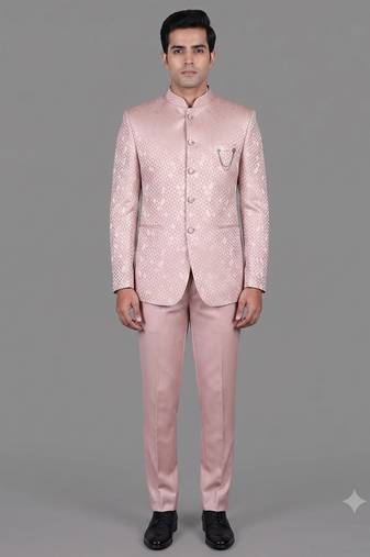Blush pink jacquard bandhgala suit for men