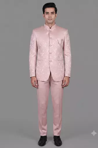Blush pink jacquard bandhgala suit for men
