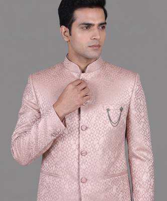 Blush pink jacquard bandhgala suit for men 2