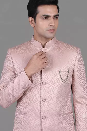 Blush pink jacquard bandhgala suit for men