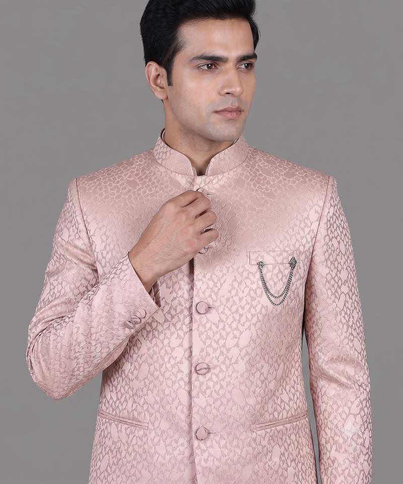Blush pink jacquard bandhgala suit for men