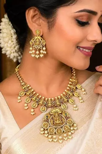 South Indian Lakshmi Temple Jewelry Set, Antique Gold Necklace Earrings, Pearl Goddess Bridal