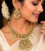 South Indian Lakshmi Temple Jewelry Set, Antique Gold Necklace Earrings, Pearl Goddess Bridal