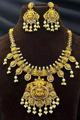 South Indian Lakshmi Temple Jewelry Set, Antique Gold Necklace Earrings, Pearl Goddess Bridal