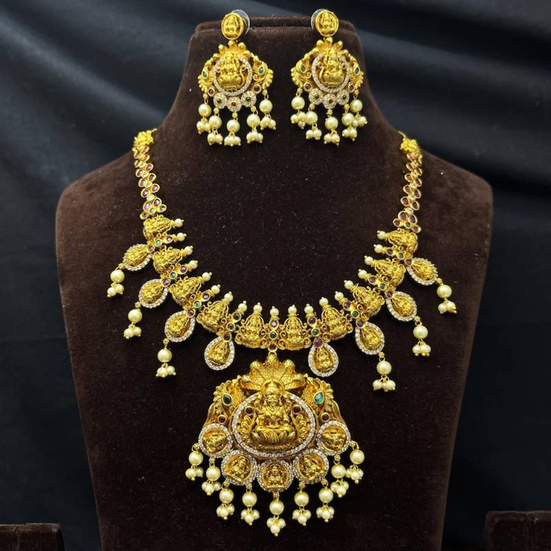 South Indian Lakshmi Temple Jewelry Set, Antique Gold Necklace Earrings, Pearl Goddess Bridal
