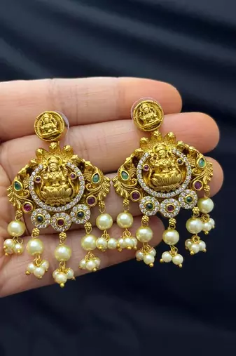 South Indian Lakshmi Temple Jewelry Set, Antique Gold Necklace Earrings, Pearl Goddess Bridal