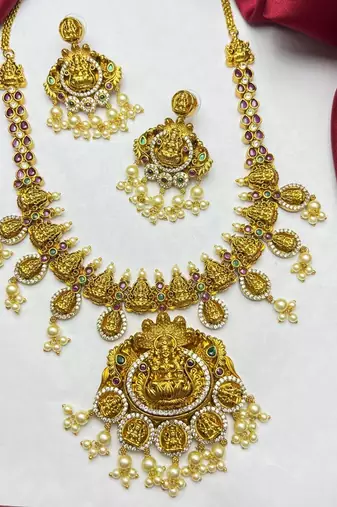 South Indian Lakshmi Temple Jewelry Set, Antique Gold Necklace Earrings, Pearl Goddess Bridal