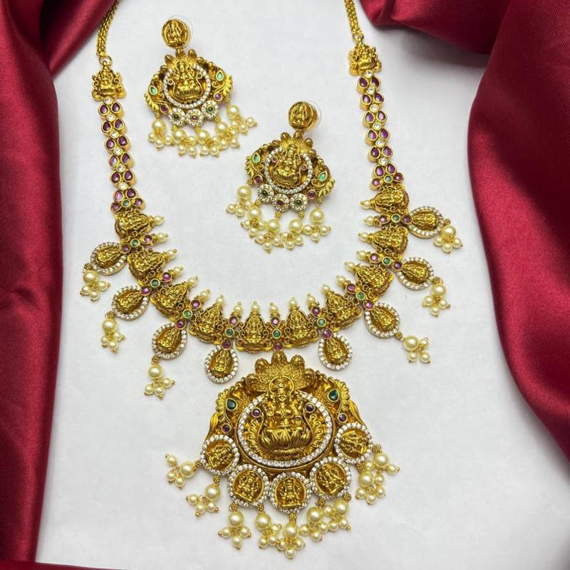 South Indian Lakshmi Temple Jewelry Set, Antique Gold Necklace Earrings, Pearl Goddess Bridal