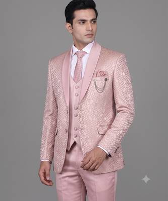 Blush pink jacquard designer tuxedo for men 2