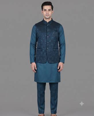 Teal blue geometric jacquard nehru jacket for men 1