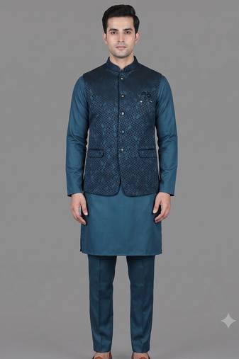 Teal blue geometric jacquard nehru jacket for men