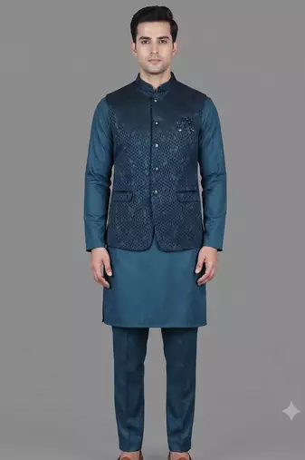 Teal blue geometric jacquard nehru jacket for men