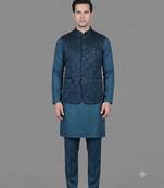 Teal blue geometric jacquard nehru jacket for men